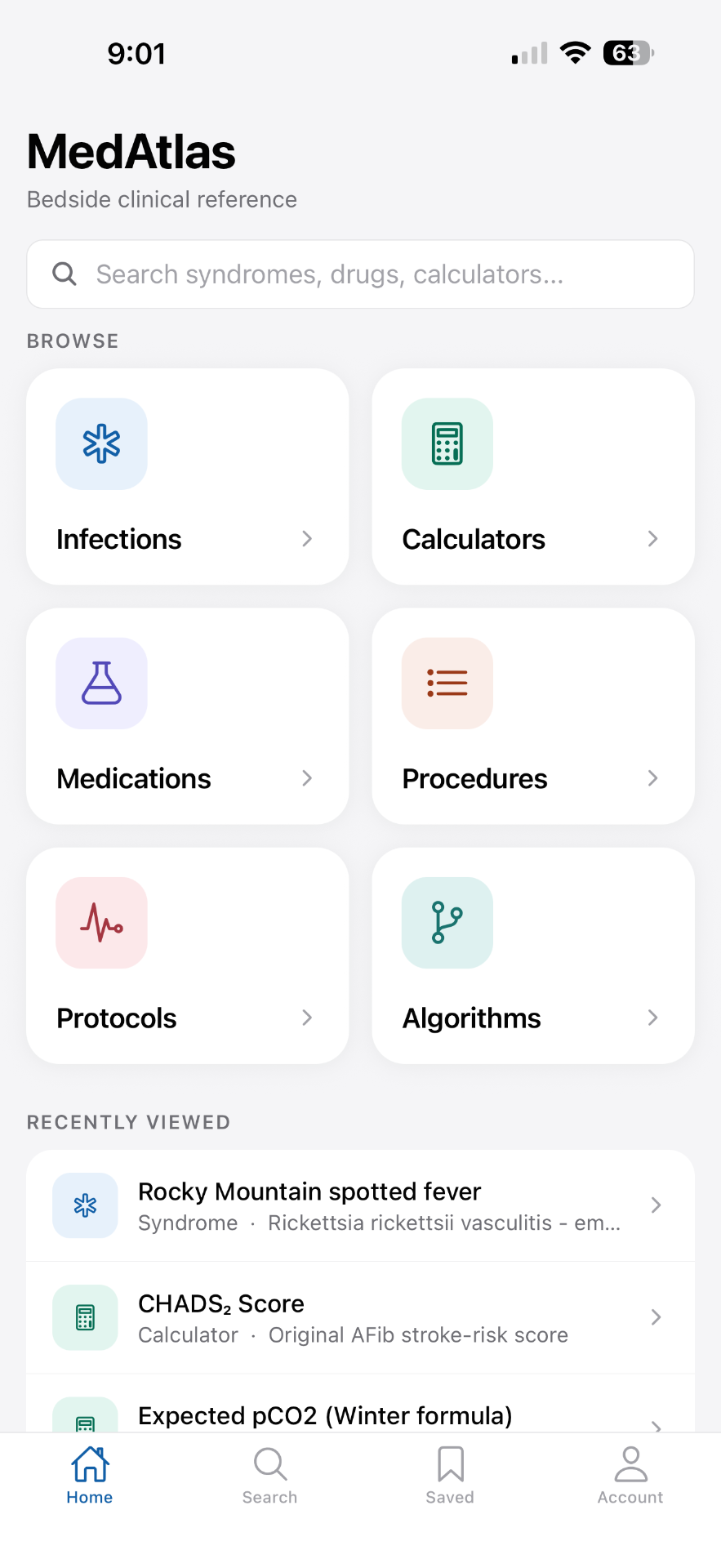 MedAtlas iOS app home screen showing six clinical content categories